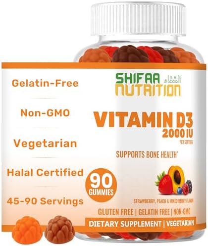 Gomitas Vegetarianas de Vitamina D3 SHIFAA NUTRITION para Adultos y Niños | 45-90 Porciones, 2,000IU / 1,000IU | Sin OGM, Sin Gluten, Sin Gelatina | - imagen 1