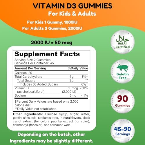 Gomitas Vegetarianas de Vitamina D3 SHIFAA NUTRITION para Adultos y Niños | 45-90 Porciones, 2,000IU / 1,000IU | Sin OGM, Sin Gluten, Sin Gelatina | - imagen 3