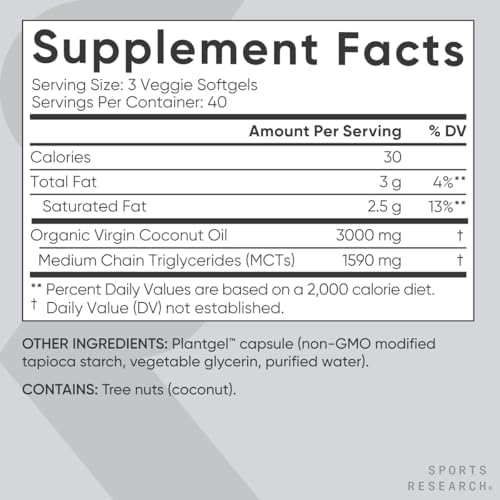 Cápsulas de Aceite de Coco Orgánico Sports Research® 3000MG - Aceite de Coco Virgen Extra Prensado en Frío con MCTs - Vegano y No OGM - 120 Geles - imagen 5