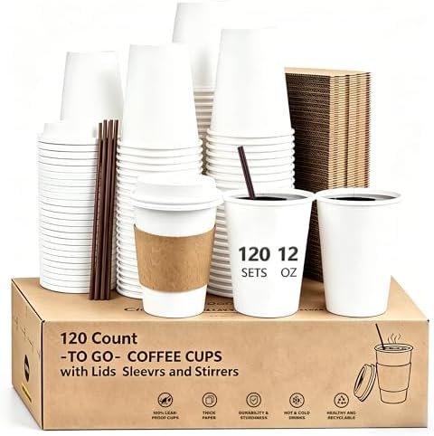 WOWSOLID 120 Piezas de Tazas de Papel Desechables de 12 oz a Prueba de Fugas con Tapas, Mangas y Revolvedores, Perfectas para Café, Chocolate - imagen 1