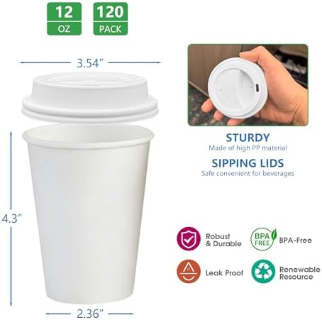 WOWSOLID 120 Piezas de Tazas de Papel Desechables de 12 oz a Prueba de Fugas con Tapas, Mangas y Revolvedores, Perfectas para Café, Chocolate - imagen 3