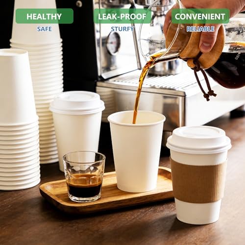 WOWSOLID 120 Piezas de Tazas de Papel Desechables de 12 oz a Prueba de Fugas con Tapas, Mangas y Revolvedores, Perfectas para Café, Chocolate - imagen 4