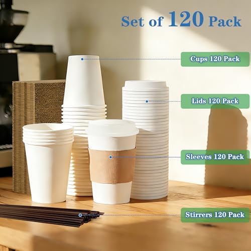 WOWSOLID 120 Piezas de Tazas de Papel Desechables de 12 oz a Prueba de Fugas con Tapas, Mangas y Revolvedores, Perfectas para Café, Chocolate - imagen 5