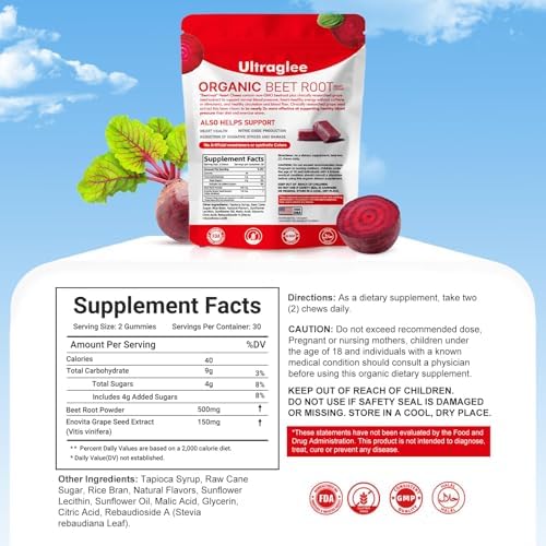 Ultraglee Chews de Betabel, Suplemento Energético con Extracto de Semilla de Uva y Polvo de Betabel, 60 Gomas Sabor Granadina-Baya - imagen 2