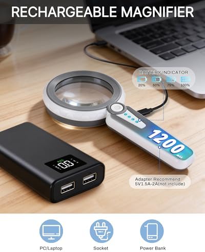 Lupa de 45X con Luz, 4.6 Pulgadas, 1200mAh Recargable por USB, Lupa de Mano con 6 Modos de Luz para Personas Mayores con Baja Visión - Gris - imagen 3