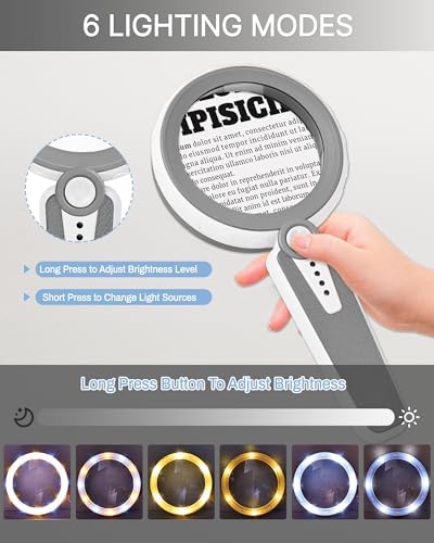 Lupa de 45X con Luz, 4.6 Pulgadas, 1200mAh Recargable por USB, Lupa de Mano con 6 Modos de Luz para Personas Mayores con Baja Visión - Gris - imagen 4
