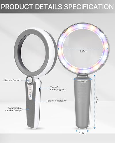 Lupa de 45X con Luz, 4.6 Pulgadas, 1200mAh Recargable por USB, Lupa de Mano con 6 Modos de Luz para Personas Mayores con Baja Visión - Gris - imagen 5