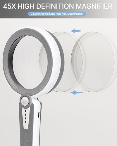 Lupa de 45X con Luz, 4.6 Pulgadas, 1200mAh Recargable por USB, Lupa de Mano con 6 Modos de Luz para Personas Mayores con Baja Visión - Gris - imagen 6