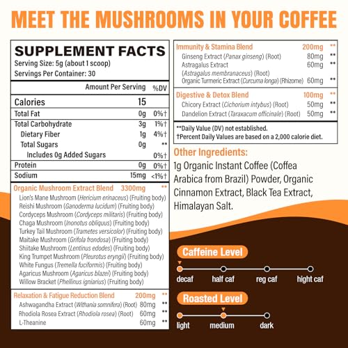 Café de Hongo 23 en 1 Instantáneo - Sin Azúcar, con 100% de Frutos de Melena de León, Chaga, Cordyceps, Reishi, Ashwagandha, Arabica Descafeinado, - imagen 2