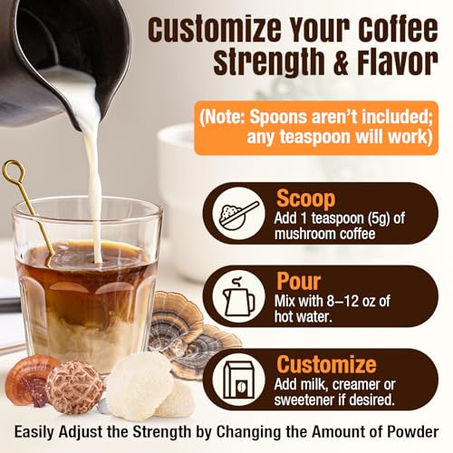 Café de Hongo 23 en 1 Instantáneo - Sin Azúcar, con 100% de Frutos de Melena de León, Chaga, Cordyceps, Reishi, Ashwagandha, Arabica Descafeinado, - imagen 8