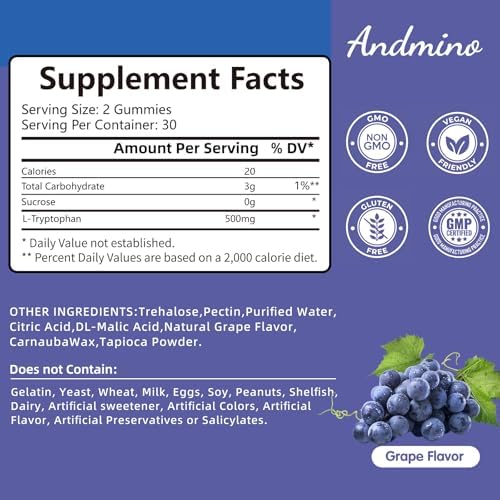 Gomitas de L Triptófano Andmino 500mg con Trehalosa, Relajación Natural y Soporte de Serotonina, Veganas, Sin Gluten, Sabor Uva, 60 piezas - imagen 2