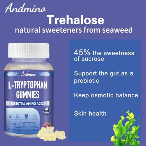 Gomitas de L Triptófano Andmino 500mg con Trehalosa, Relajación Natural y Soporte de Serotonina, Veganas, Sin Gluten, Sabor Uva, 60 piezas - imagen 4