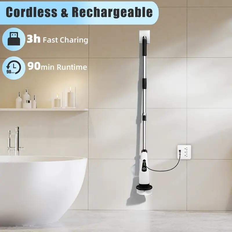 Cepillo Limpiador Eléctrico Inalámbrico, Cepillo para Ducha con 8 Cabezas Intercambiables, 5 Velocidades Ajustables para Piso, Baño, Ducha y Más, - imagen 2