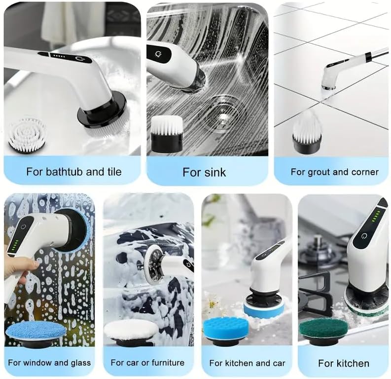 Cepillo Limpiador Eléctrico Inalámbrico, Cepillo para Ducha con 8 Cabezas Intercambiables, 5 Velocidades Ajustables para Piso, Baño, Ducha y Más, - imagen 4