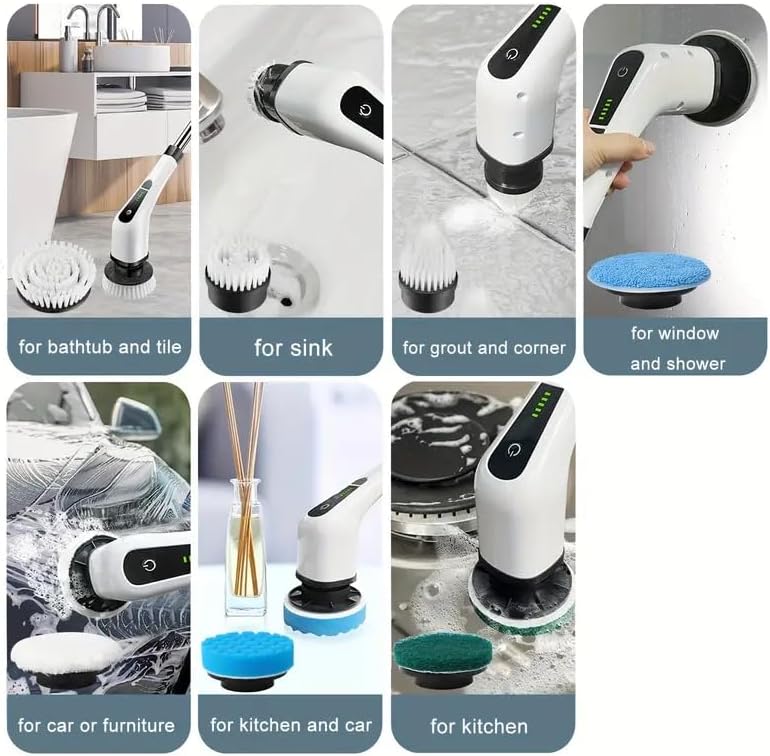Cepillo Limpiador Eléctrico Inalámbrico, Cepillo para Ducha con 8 Cabezas Intercambiables, 5 Velocidades Ajustables para Piso, Baño, Ducha y Más, - imagen 6