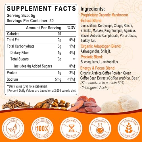 Café de Hongos Orgánico - Suplemento de 11 Hongos Superfood, Incluye Melena de León, Reishi, Chaga, Cordyceps y Adaptógenos - 5.3oz - imagen 2