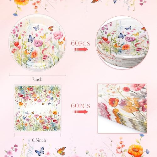 Platos desechables de papel Zhehao de 7 pulgadas con flores, 120 piezas, para postres y decoración de fiestas de cumpleaños y bodas - imagen 2