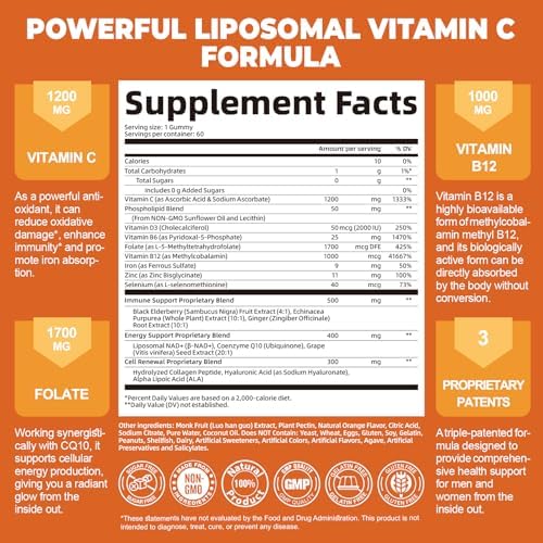 Gomitas de Vitamina C Liposomal para Adultos, 1200mg, Suplemento Masticable con Saúco, Zinc, Hierro y Ácido Fólico - Apoyo Inmunológico, Energía y - imagen 2