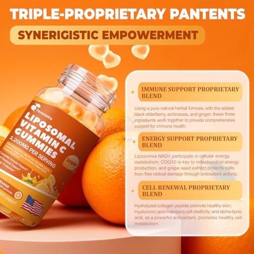 Gomitas de Vitamina C Liposomal para Adultos, 1200mg, Suplemento Masticable con Saúco, Zinc, Hierro y Ácido Fólico - Apoyo Inmunológico, Energía y - imagen 3