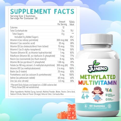 Gomitas Multivitamínicas Methylated Juneno para Niños - Suplemento de Soporte MTHFR con Complejo B, Folato 5-MTHF, Vitaminas A, C, D3, E - Veganas, - imagen 7