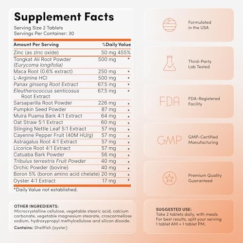 Suplemento para Hombres: Aumentador de Testosterona y Libido - Energía, Fuerza y Rendimiento con Tongkat Ali, Maca, Zinc y Boro - 60 Tabletas, - imagen 4