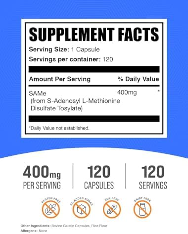 BulkSupplements.com Cápsulas de S-Adenosil-L-Metionina - Suplemento Sin Gluten, 1 Cápsula por Porción (400mg), 120 Cápsulas (Paquete de 1) - imagen 2