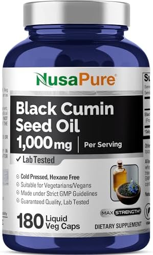 Aceite de Semilla de Nigella Sativa NusaPure 1,000 mg por Porción - 180 Cápsulas Blandas (No GMO, Vegetariano y Vegano) Prensado en Frío, Libre de - imagen 1