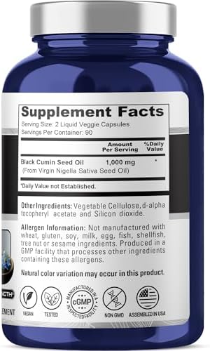 Aceite de Semilla de Nigella Sativa NusaPure 1,000 mg por Porción - 180 Cápsulas Blandas (No GMO, Vegetariano y Vegano) Prensado en Frío, Libre de - imagen 2