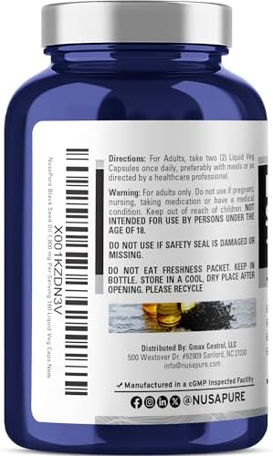 Aceite de Semilla de Nigella Sativa NusaPure 1,000 mg por Porción - 180 Cápsulas Blandas (No GMO, Vegetariano y Vegano) Prensado en Frío, Libre de - imagen 3