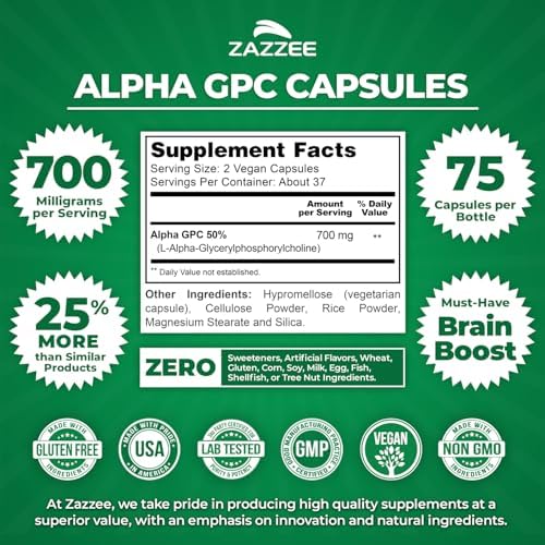 Zazzee Alpha GPC Colina Extra Fuerte, 700 mg por Porción, 75 Cápsulas Veganas, 100% Pura Grado Farmacéutico, Estándar de Potencia y Pureza, Natural y - imagen 2