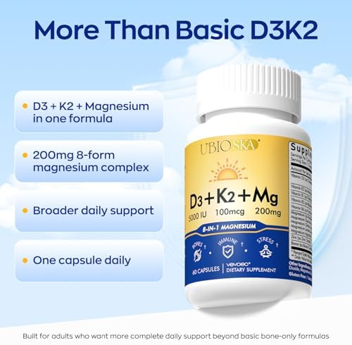 Suplemento de Vitamina D3 K2 y Magnesio UBIOSKA – 5000 IU D3 + MK-7 K2 con Magnesio de 8 Formas (Glicinato, Taurato, Malato) para Sueño Tranquilo, - imagen 3