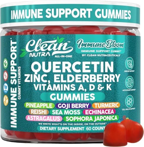 Gomitas de Inmunidad Clean Quercetin con Elderberry | Suplemento de Zinc, Vitamina K2, D3, A, Bromelina, Goji, Cúrcuma, Musgo Marino, Equinácea, - imagen 1