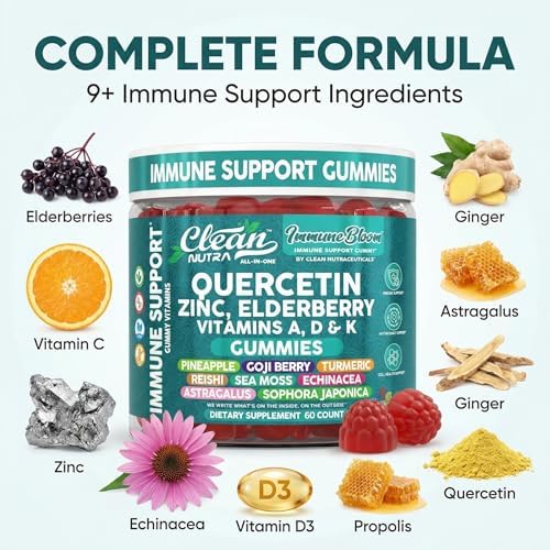 Gomitas de Inmunidad Clean Quercetin con Elderberry | Suplemento de Zinc, Vitamina K2, D3, A, Bromelina, Goji, Cúrcuma, Musgo Marino, Equinácea, - imagen 4