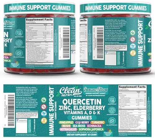 Gomitas de Inmunidad Clean Quercetin con Elderberry | Suplemento de Zinc, Vitamina K2, D3, A, Bromelina, Goji, Cúrcuma, Musgo Marino, Equinácea, - imagen 5
