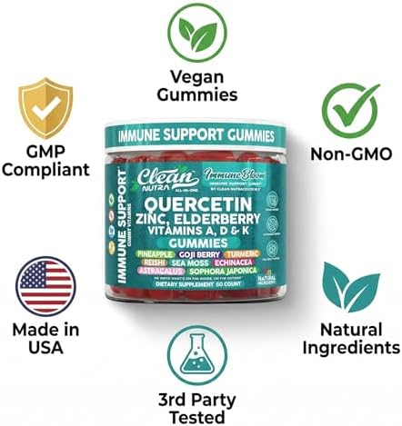 Gomitas de Inmunidad Clean Quercetin con Elderberry | Suplemento de Zinc, Vitamina K2, D3, A, Bromelina, Goji, Cúrcuma, Musgo Marino, Equinácea, - imagen 8