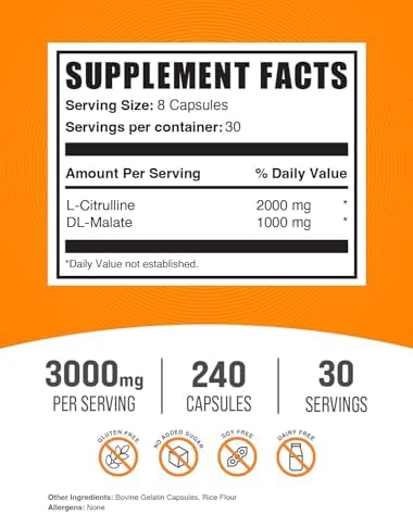 Cápsulas de L-Citrulina Malato BulkSupplements.com - Suplemento de Óxido Nítrico 2:1, Libre de Gluten, 8 Cápsulas por Porción (3000mg), 240 Contenido - imagen 2