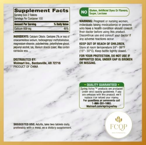 Suplemento de Calcio Citrato FCQP Spring Valley, 600mg, 300 Tabletas para la Salud Ósea - imagen 4