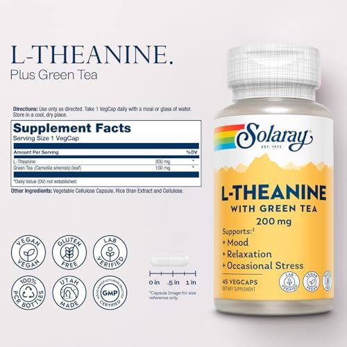 SOLARAY L-Theanine 200mg con Té Verde - Apoyo a un Estado de Ánimo Saludable, Relajación y Estrés Ocasional - Verificado en Laboratorio, Vegano, Sin - imagen 2