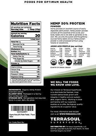Proteína de Cáñamo Orgánica Terrasoul Superfoods (50% Proteína), 2 Libras - imagen 2