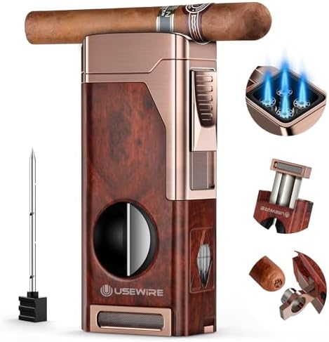 Encendedor de Cigarros USEWIRE, Encendedor Multifuncional con Cortador V, Soporte para Cigarros, Punch y Mejora de Tiro, Soplete Rellenable, - imagen 1