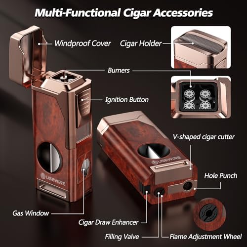 Encendedor de Cigarros USEWIRE, Encendedor Multifuncional con Cortador V, Soporte para Cigarros, Punch y Mejora de Tiro, Soplete Rellenable, - imagen 2