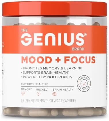 Genius Brand Genius Mood+Focus - Suplemento Nootrópico con Melena de León Orgánica, Alpha GPC y Más para la Salud Cerebral - 90 Cápsulas Veganas - imagen 1