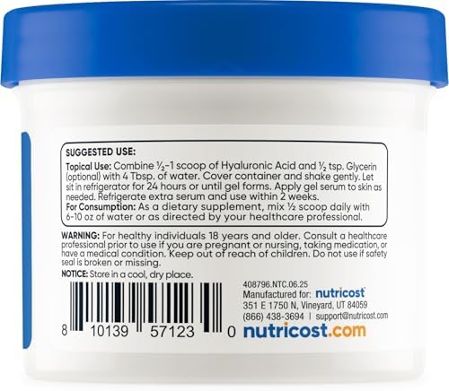 Polvo de Ácido Hialurónico Nutricost 50 Gramos - Soluble en Agua, Fino, Libre de Gluten, No OGM - imagen 4