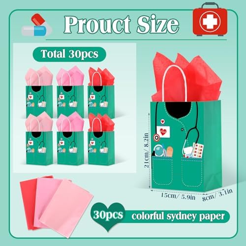 Bolsas de Regalo para Enfermeras Nezyo de 30 Piezas con 30 Papeles de Regalo, Regalos de Apreciación para la Semana de Enfermería (Verde) - imagen 2