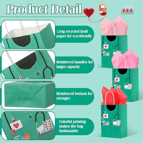 Bolsas de Regalo para Enfermeras Nezyo de 30 Piezas con 30 Papeles de Regalo, Regalos de Apreciación para la Semana de Enfermería (Verde) - imagen 3