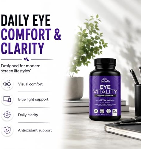 Suplemento de Vitaminas para los Ojos HerbaMe con Luteína, Arándano, Beta Caroteno, L-Taurina, Zinc y Quercetina, 90 Cápsulas, Apoya la Salud Visual - imagen 4