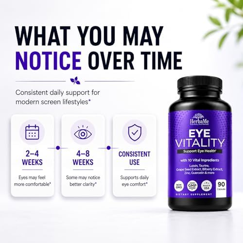 Suplemento de Vitaminas para los Ojos HerbaMe con Luteína, Arándano, Beta Caroteno, L-Taurina, Zinc y Quercetina, 90 Cápsulas, Apoya la Salud Visual - imagen 5