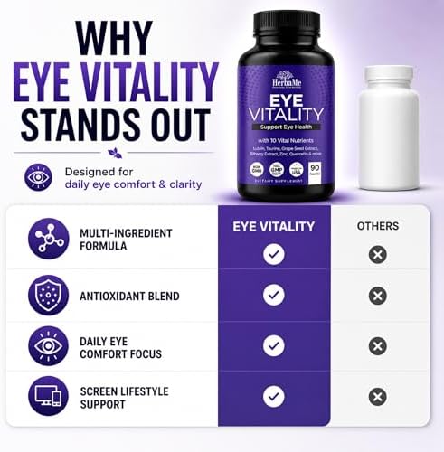 Suplemento de Vitaminas para los Ojos HerbaMe con Luteína, Arándano, Beta Caroteno, L-Taurina, Zinc y Quercetina, 90 Cápsulas, Apoya la Salud Visual - imagen 6