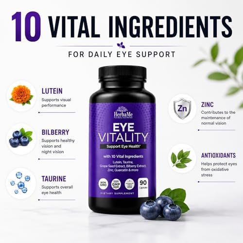 Suplemento de Vitaminas para los Ojos HerbaMe con Luteína, Arándano, Beta Caroteno, L-Taurina, Zinc y Quercetina, 90 Cápsulas, Apoya la Salud Visual - imagen 7
