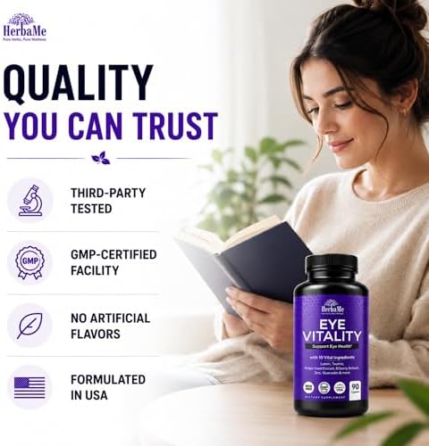 Suplemento de Vitaminas para los Ojos HerbaMe con Luteína, Arándano, Beta Caroteno, L-Taurina, Zinc y Quercetina, 90 Cápsulas, Apoya la Salud Visual - imagen 8